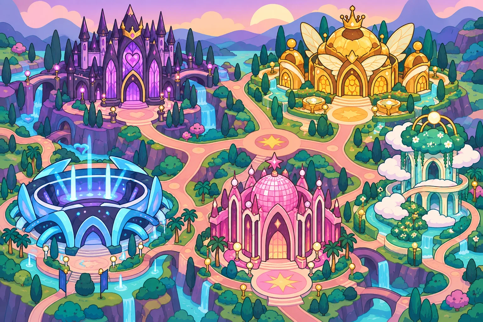 Vale ilustrado com cinco distritos pop conectados por caminhos
